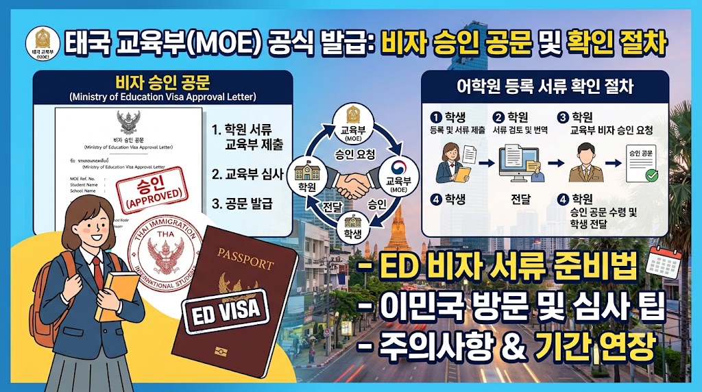 태국 교육부 직인이 날인된 공식 비자 승인 레터 양식과 신청 서류철