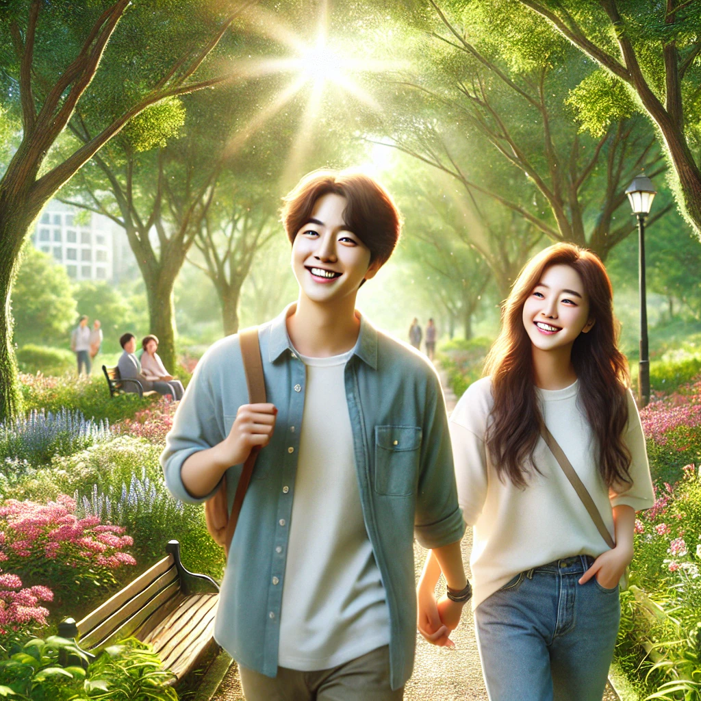공원에서 손을 잡고 걷으며 미소 짓는 젊은 커플