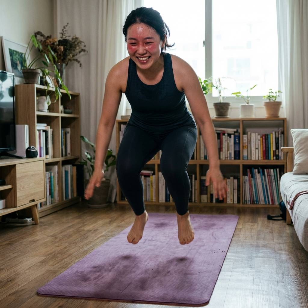 거실에서 요가 매트를 깔고 열정적으로 버피 테스트를 하는 한국인 남성의 실사 이미지, 역동적인 동작과 땀방울 묘사