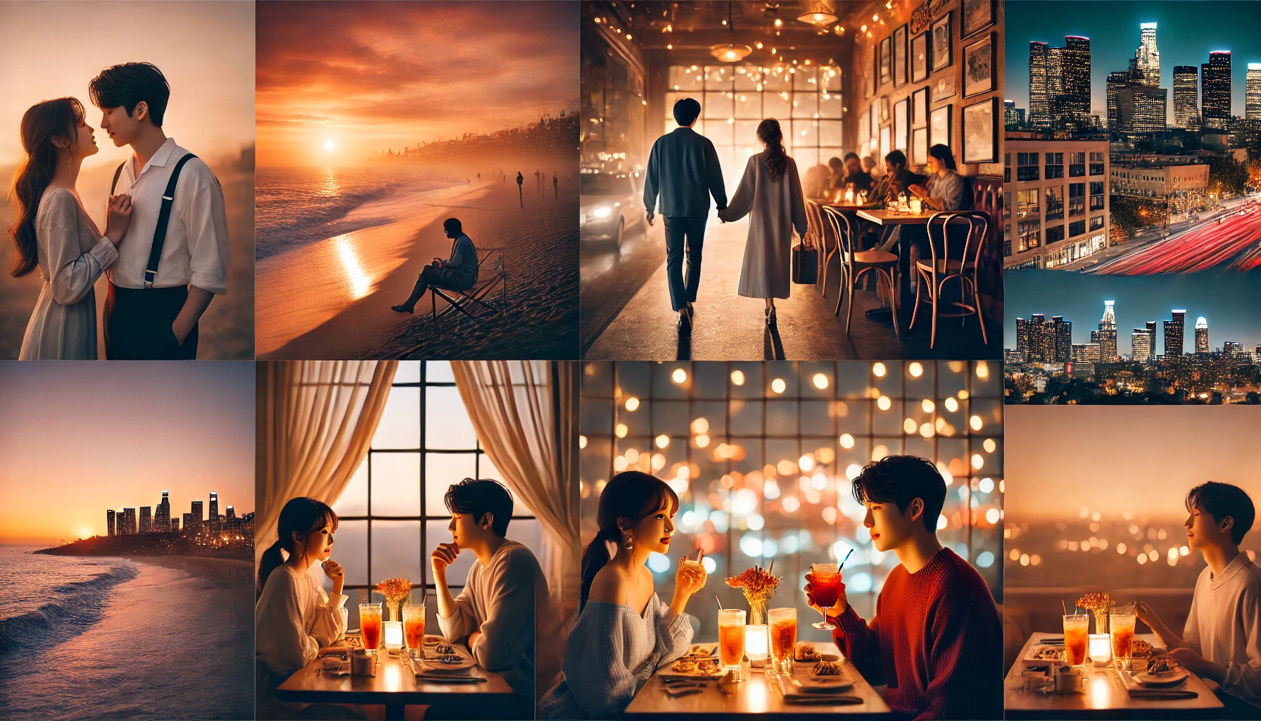 LA의 야경, 해변 산책, 감성 카페에서 커플이 데이트 중인 모습