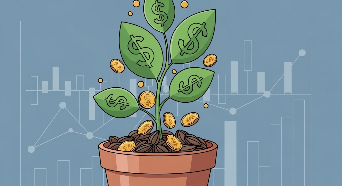 소액 투자로 자산을 불려나가는 과정을 표현한 일러스트. 작은 씨앗이 나무로 성장하는 모습.
