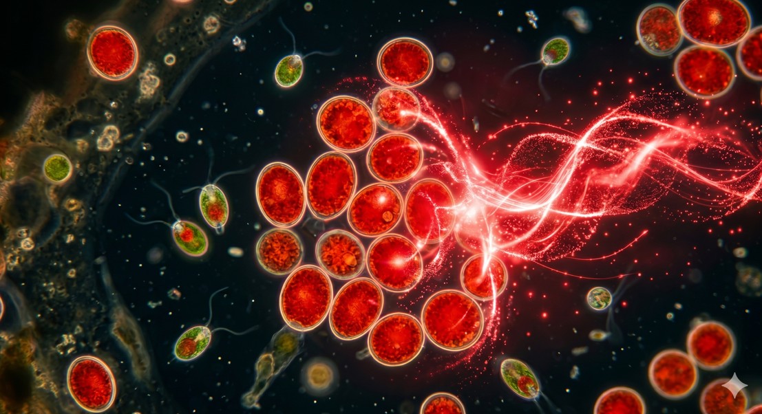 헤마토코쿠스 미세조류의 현미경 확대 모습과 붉은 에너지 파동