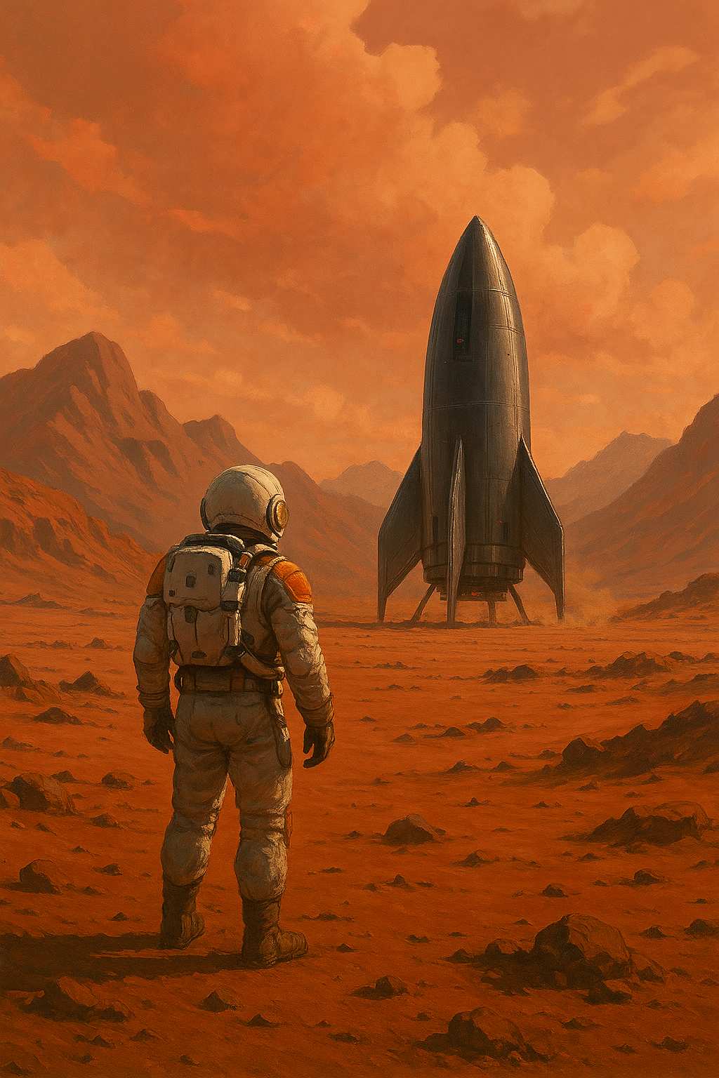 화성에서 우주인이 우주선을 바라보는 모습