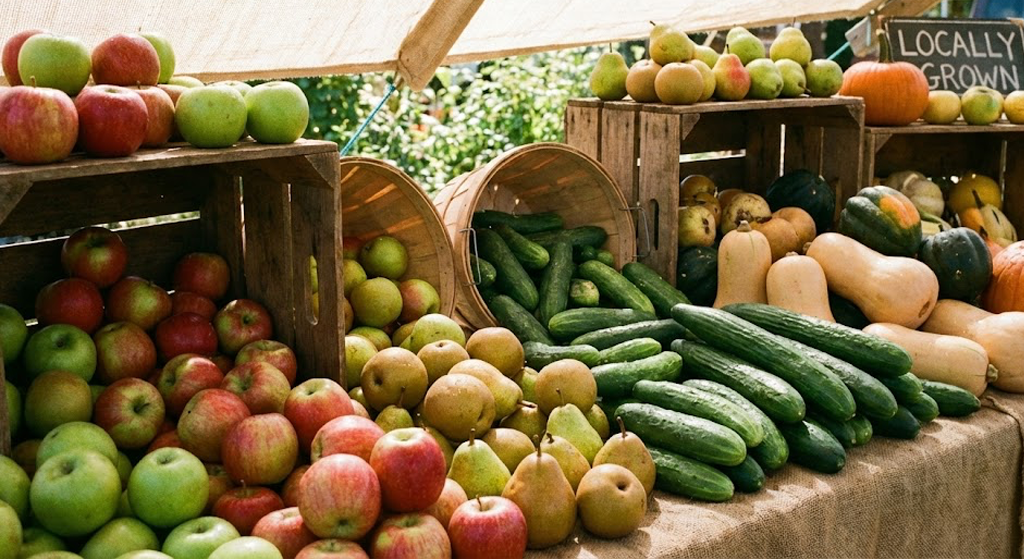 사과, 오이, 호박 등 단단한 과일이 모여있는 사진