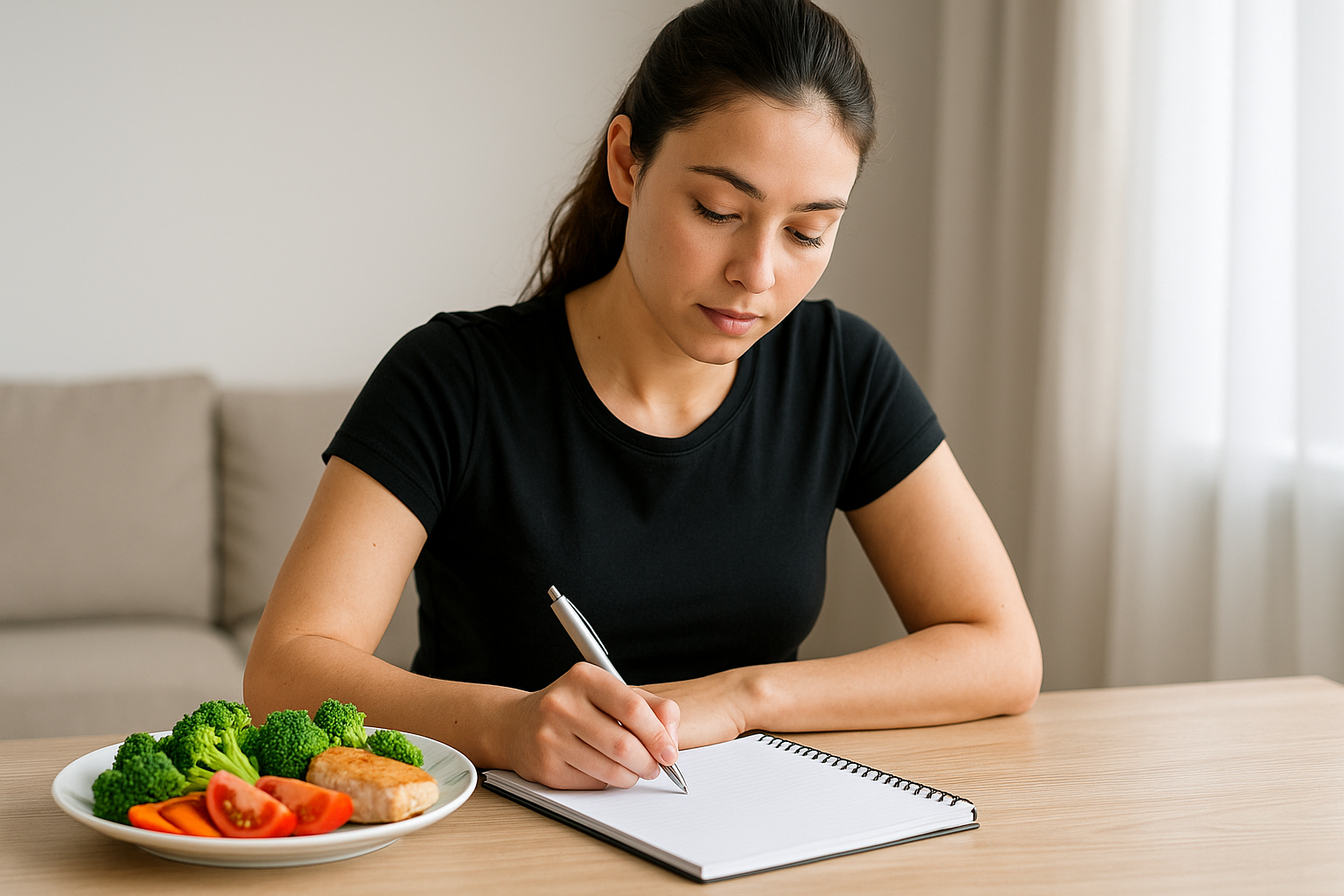 다이어트 계획을 세우며 노트에 기록하는 여성과 곁에 놓인 균형 잡힌 식단의 모습