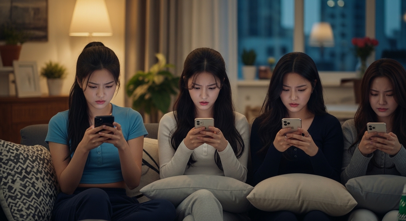 찌푸린 표정으로 핸드폰을 보는 여인들