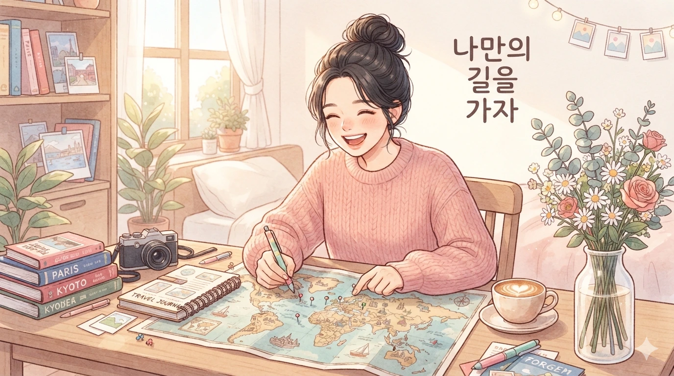 웹툰 스타일로 표현된 계획을 세우는 여성과 지살의 개척 정신을 담은 이미지