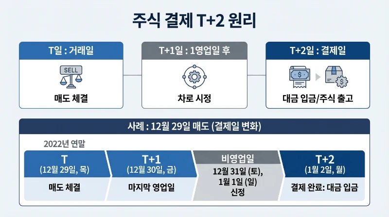 주식 시장의 T+2 결제 시스템과 양도세 기준일을 설명하는 인포그래픽