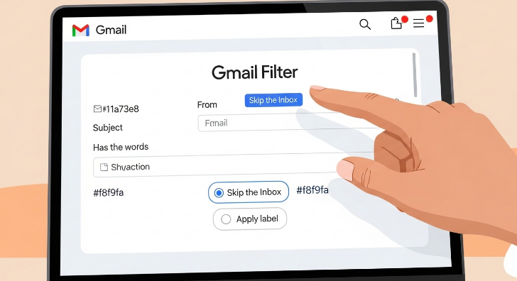 노트북 화면에서 지메일 필터 설정 화면을 보여주는 이미지. 발신자, 제목 등의 조건을 설정하여 이메일을 자동 분류하는 과정을 나타낸다.