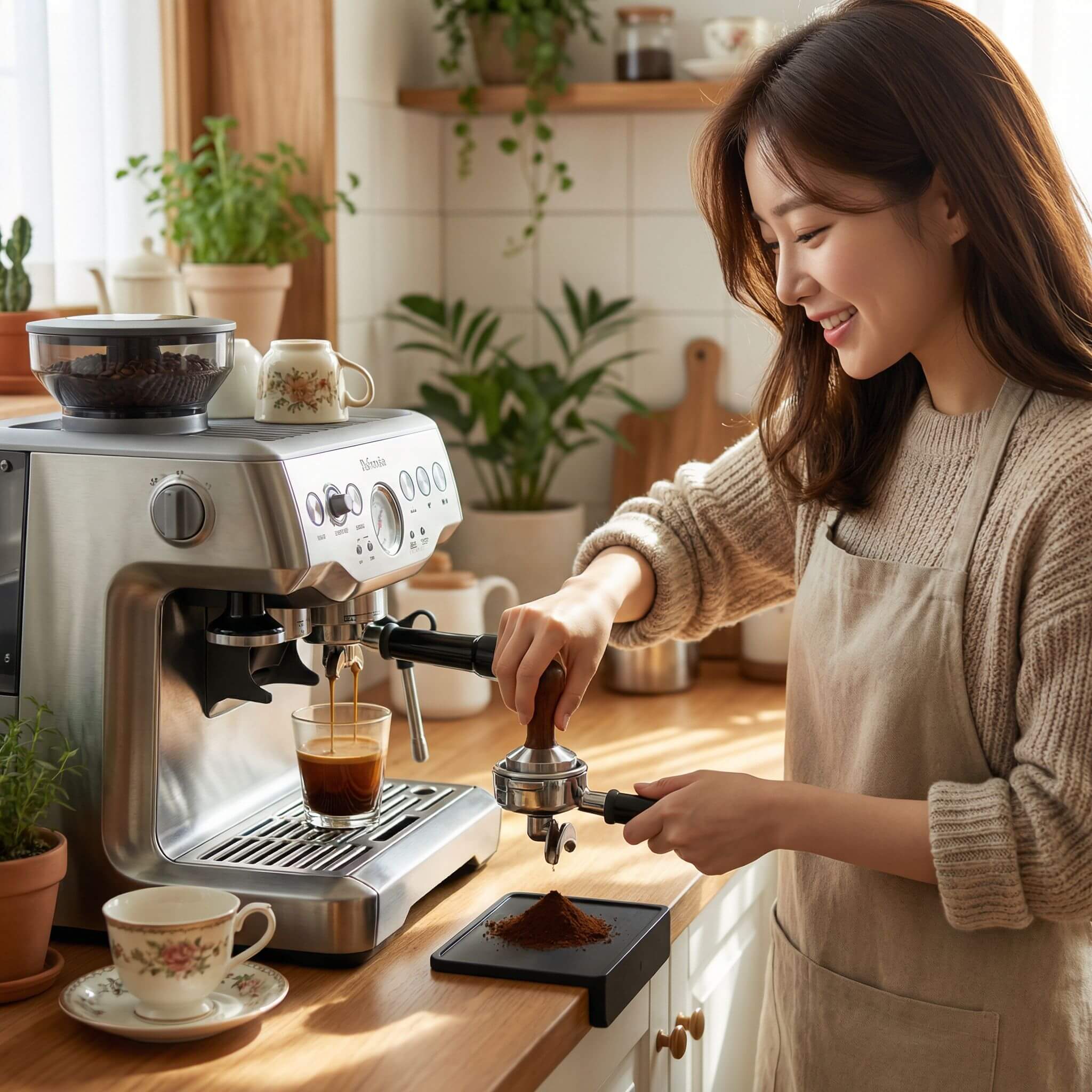 커피머신을 사용하는 여자의 모습