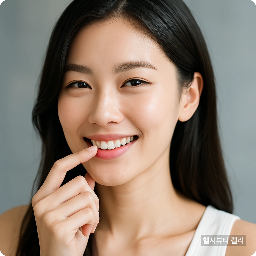 입술을 살짝 가리며 웃고 있는 20대 여성, 피부가 밝고 깨끗함
