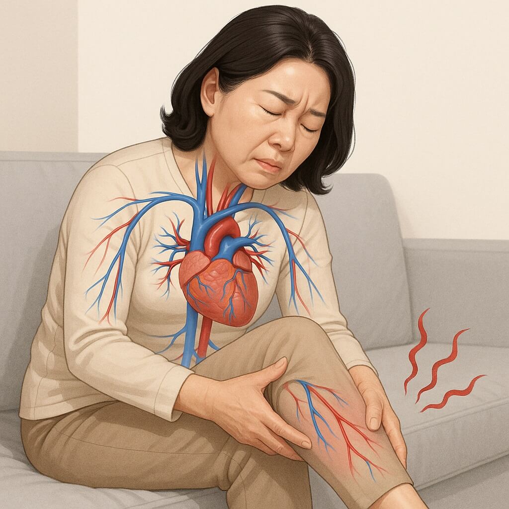 혈액순환 문제로 다리를 주무르는 중년 한국 여성, 나이 들수록 느려지는 혈액순환을 표현한 이미지