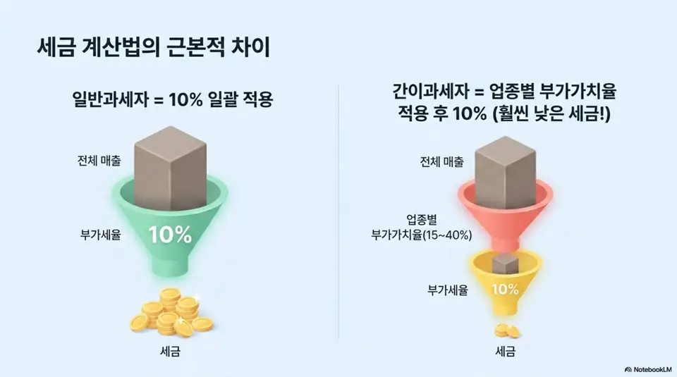 간이과세자 부가가치세: 간이과세자와 일반과세자의 세금 계산법 차이를 깔때기 도형으로 비교한 인포그래픽 이미지. 일반과세자는 전체 매출에 부가세율 10%를 일괄 적용하고 간이과세자는 업종별 부가가치율 15%에서 40%를 먼저 적용한 뒤 10%를 곱해 훨씬 낮은 세금이 나온다는 구조를 시각적으로 전달함 