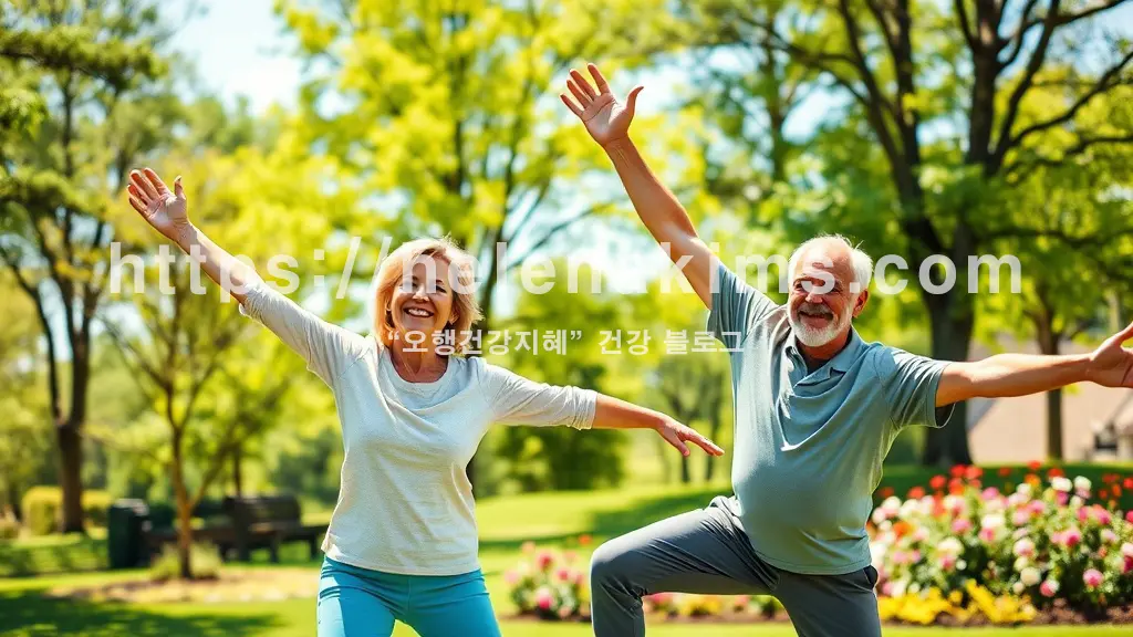 따뜻한 햇살 아래 푸른 공원에서 활짝 웃으며 가볍게 스트레칭하는 50대 여성과 남성 모습.