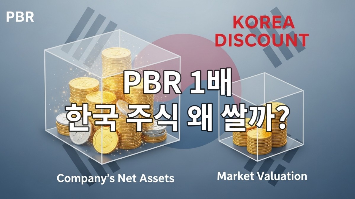 한국 증시의 PBR 1배를 시각적으로 보여주는 이미지. 실제 기업 순자산보다 낮은 시장 가치를 파란색과 회색 톤으로 표현하여 저평가 현상과 성장 가능성을 암시합니다.