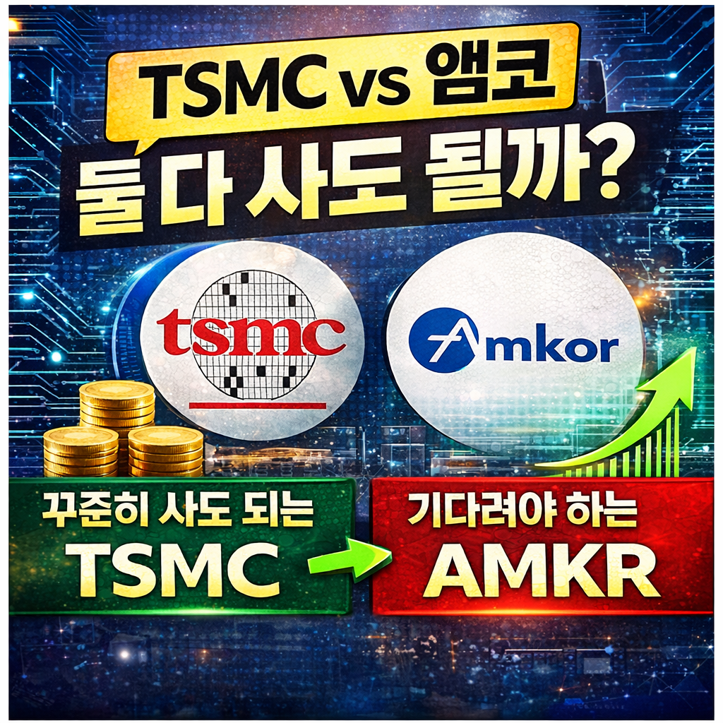 TSMC와 앰코(AMKR) 투자 전략 비교 이미지, 꾸준히 매수 vs 타이밍 매수 차이를 설명하는 반도체 투자 썸네일
