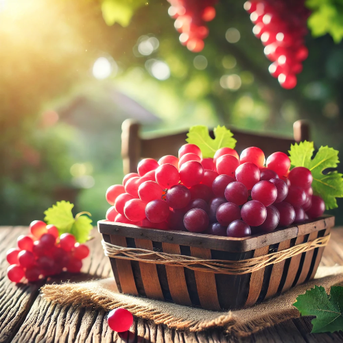 싱그러운 적포도가 나무 바구니에 담겨 있으며, 자연광 아래에서 윤기가 나는 모습. 배경은 초록빛의 나뭇잎과 부드럽게 흐릿한 야외 풍경으로 이루어져 건강하고 신선한 느낌을 강조한 장면.
