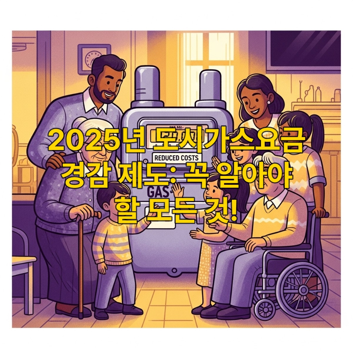 가스요금 경감 혜택을 받는 다양한 계층의 사람들이 따뜻한 집에서 미소 짓는 모습, 절약된 가스비를 상징하는 숫자와 함께.