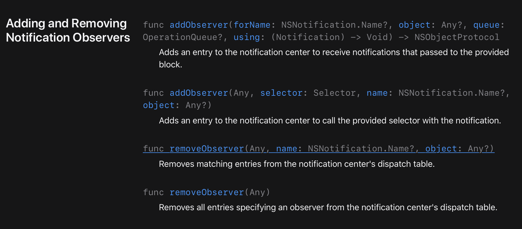 notification center methods add and removing