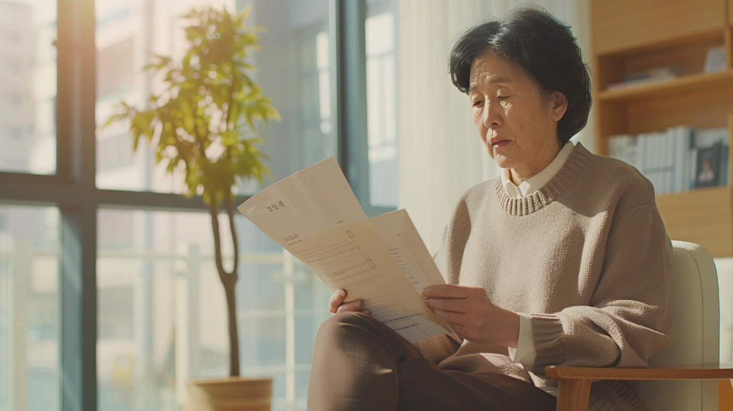 국가암검진 안내문을 확인하는 중년 여성의 모습 (AI 생성 이미지)