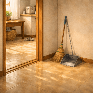 과거 주택의 간단한 청소 습관을 보여주는 장면