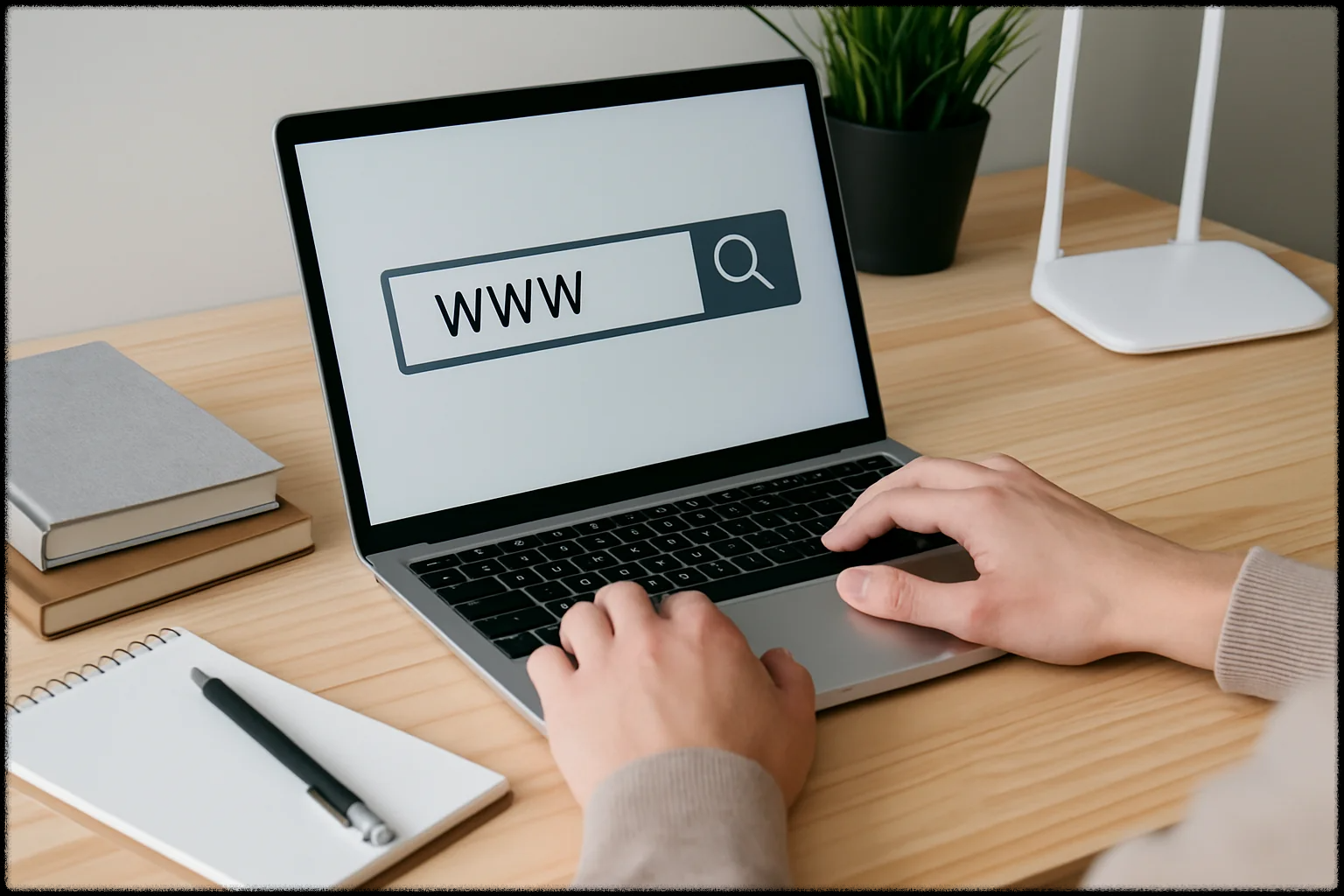 노트북 화면에 도메인 검색창이 표시된 이미지