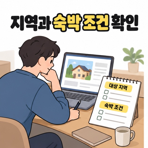 지역과 숙박 조건 확인이라는 문구 아래 남성이 노트북의 숙소 사진과 대상 지역 및 숙박 조건 메모를 살펴보는 그림
