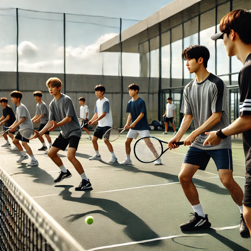 한국 테니스 유망주들이 훈련하는 모습의 사진