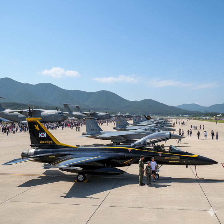 공군기지 활주로에 전시된 항공기 사진