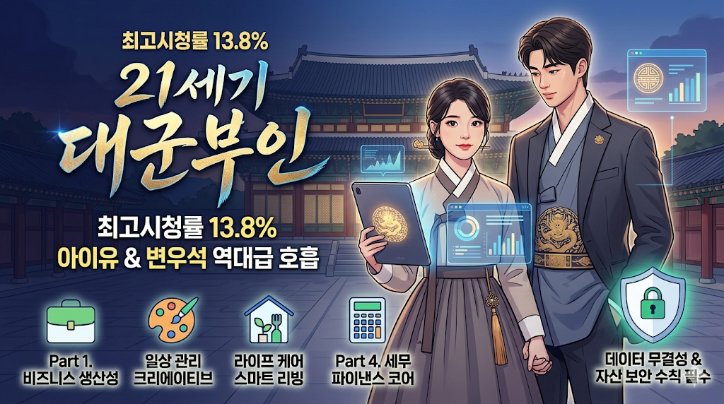 가상의 대한제국 경복궁을 배경으로 한다정 역의 아이유와 이혁 역의 변우석이 현대적인 디지털 기기를 든 채 마주 서 있으며, '최고 시청률 13.8%'라는 문구와 함께 극 중 자산 보안 및 팩트 데이터 검증 수칙을 요약한 드라마 리뷰 인포그래픽 썸네일입니다.