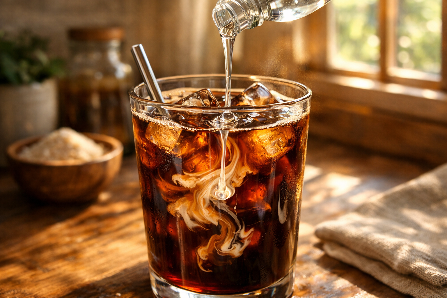 아이스 블랙커피가 담긴 잔에 액상 알룰로스가 부드럽게 부어지며 소용돌이치는 클로즈업