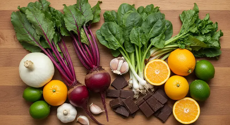 비트, 감귤류, 마늘, 시금치 등 혈액순환과 산화질소 증진에 좋은 건강 식품들