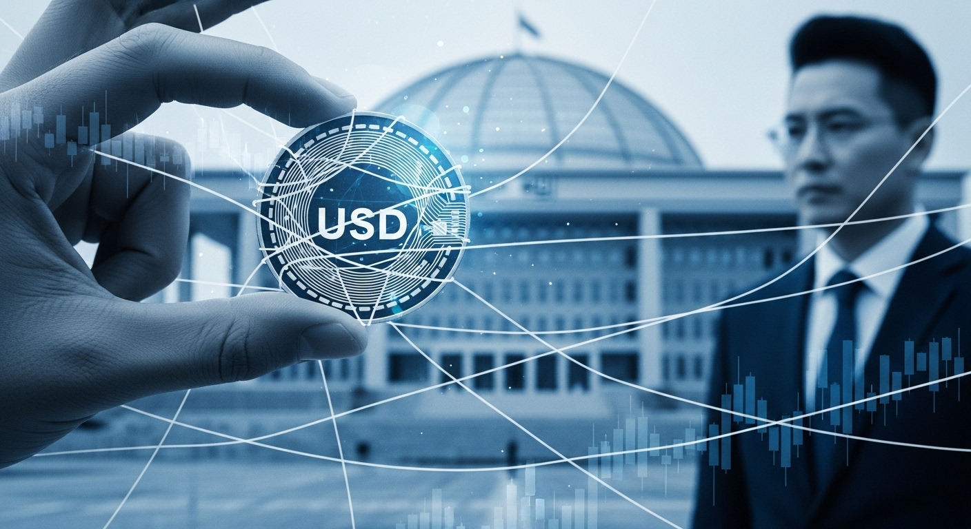 국회와 복잡한 법적 규제 그물망 속에서 붙잡힌 스테이블코인, 금융 시장의 불확실성을 상징하는 이미지.