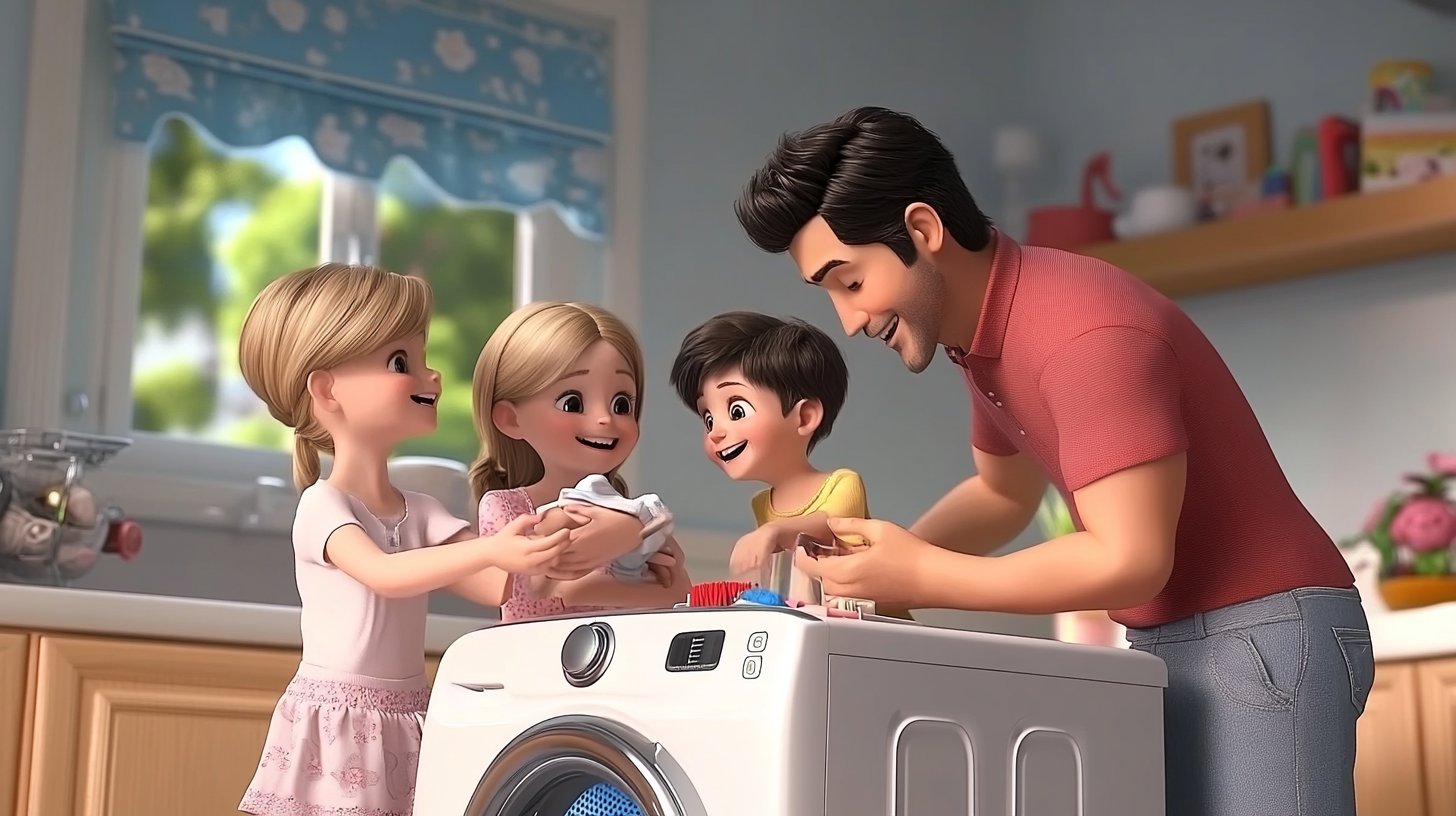 다양한 연령대의 가족이 삼성 세탁기를 사용하며 행복해하는 모습, 사용자 친화적인 디자인을 강조.