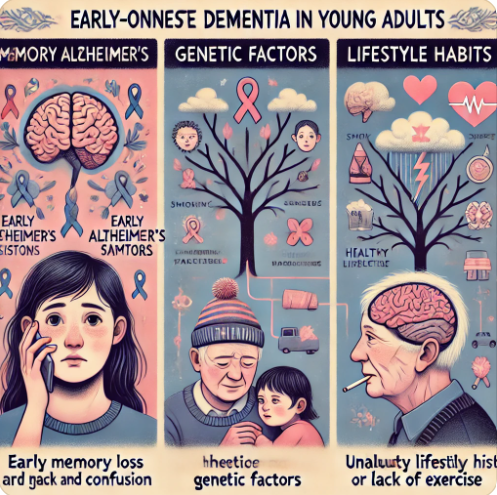 청년기 치매의 원인과 증상
조기 알츠하이머 (왼쪽)-40~50대에 발병하는 드문 형태의 조기 알츠하이머를 표현.
가족력 (가운데)-유전적 요인으로 청년기 치매를 표현.
생활 습관 (오른쪽)-흡연, 음주, 고지방 식단, 운동 부족 같은 부적절한 생활 습관도 뇌 건강에 악영향을 주는 것을 표현.