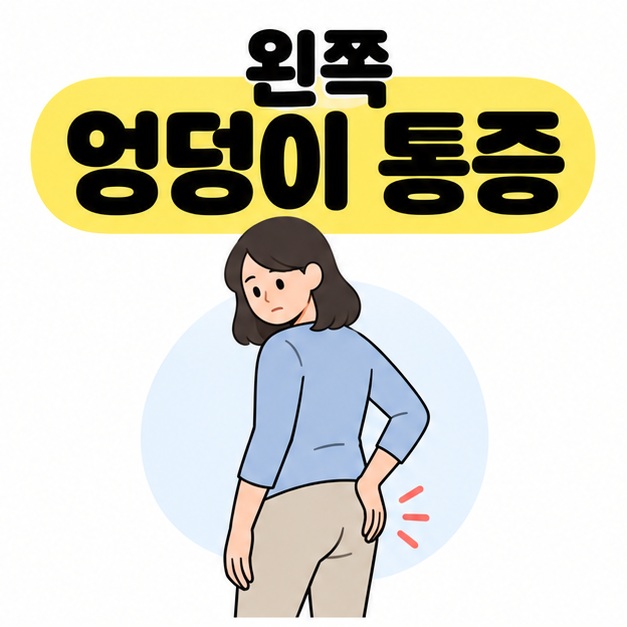 왼쪽 엉덩이 통증 제목 아래 엉덩이 부위에 손을 대고 불편을 살피는 사람의 그림