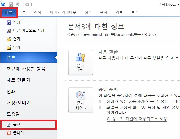 워드 옵션 실행