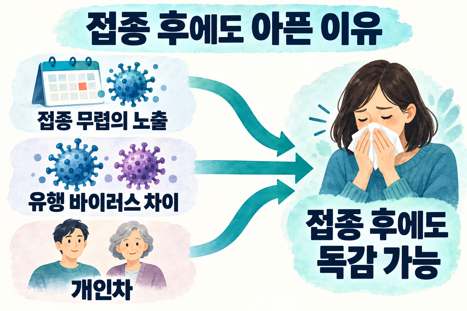 접종 무렵 바이러스 노출과 유행 바이러스 차이, 개인차로 접종 후에도 독감에 걸릴 수 있다는 관계도