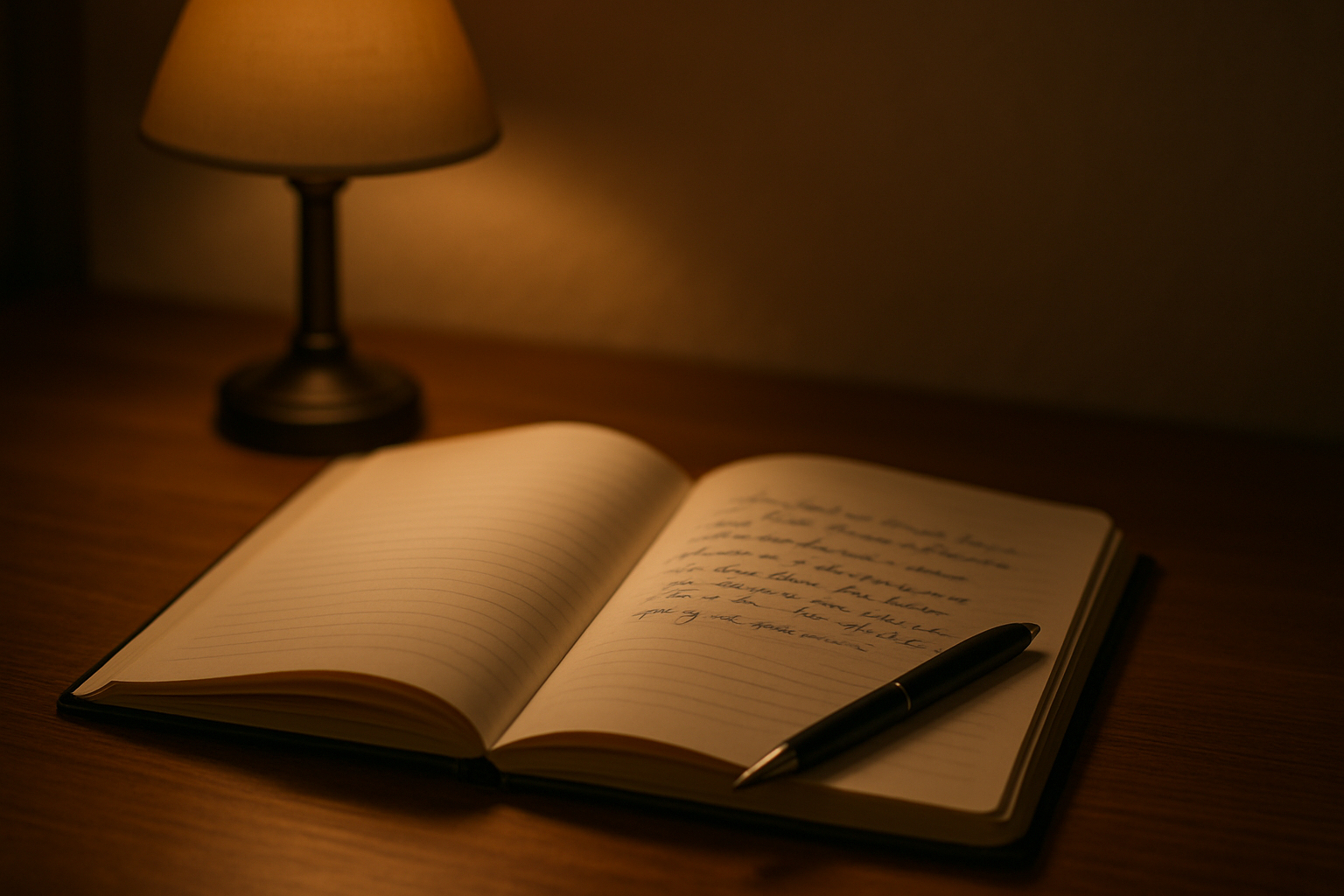 따뜻한 스탠드 조명 아래 나무 책상 위에 펼쳐진 노트와 영문 필기가 보이고, 옆에 펜이 놓인 고요한 저녁의 글쓰기 장면