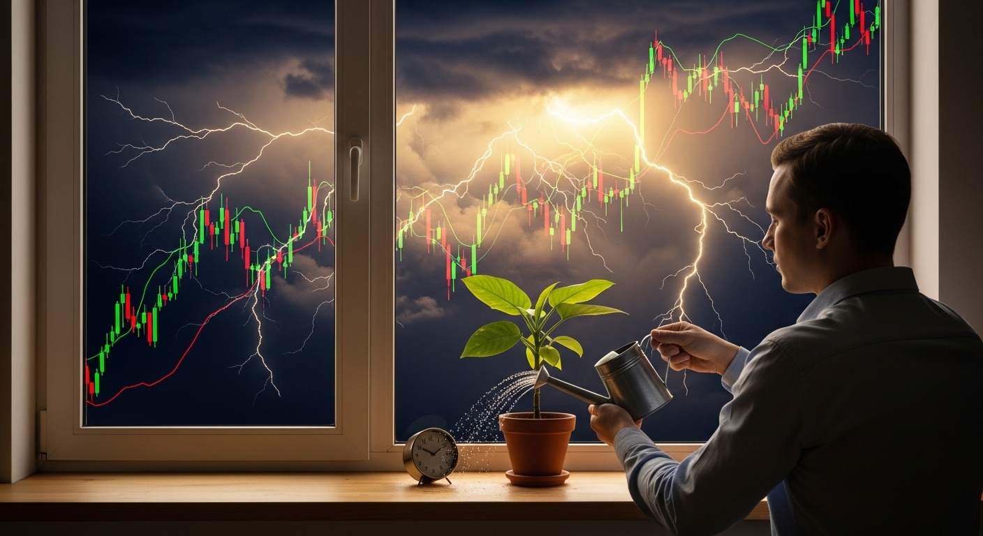 폭풍우(시장 변동성)가 치는 창밖을 배경으로, 창가에 놓인 작은 화분(나의 투자)에 차분하게 물을 주는 사람의 뒷모습