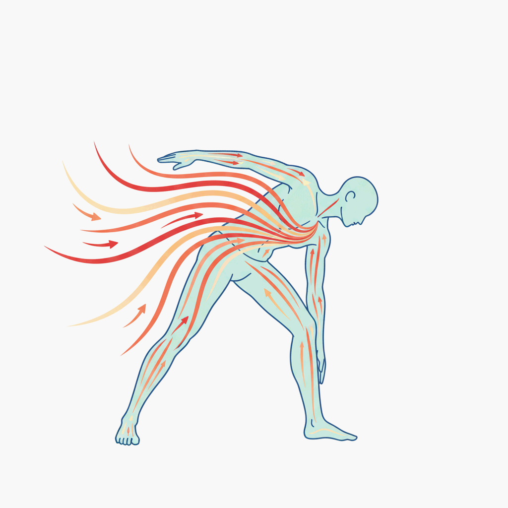 스트레칭이 몸을 따뜻하게 하는 순환에 미치는 영향을 표현한 인체 일러스트레이션