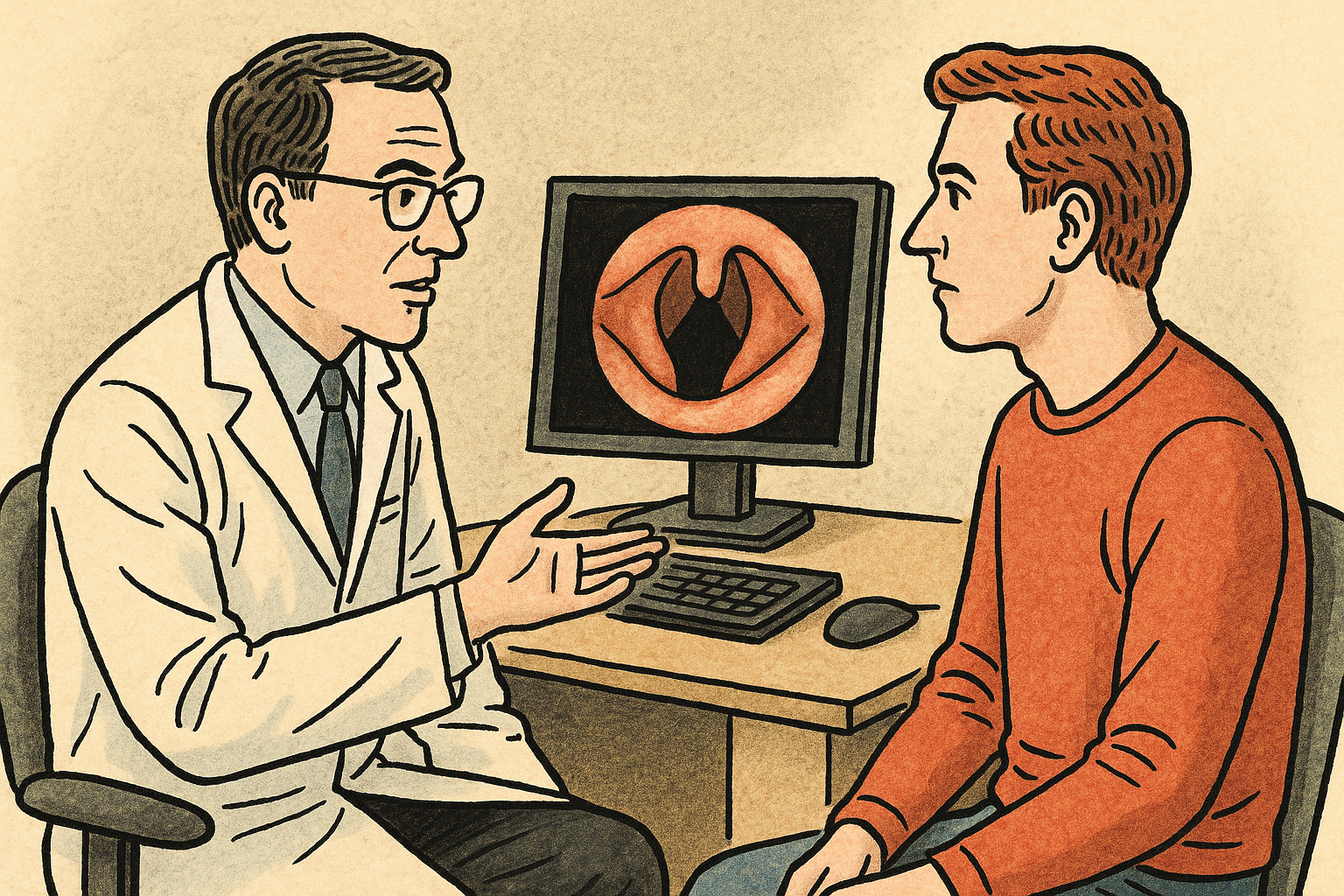 환자에게 목 부위 증상을 설명 하는 의사.