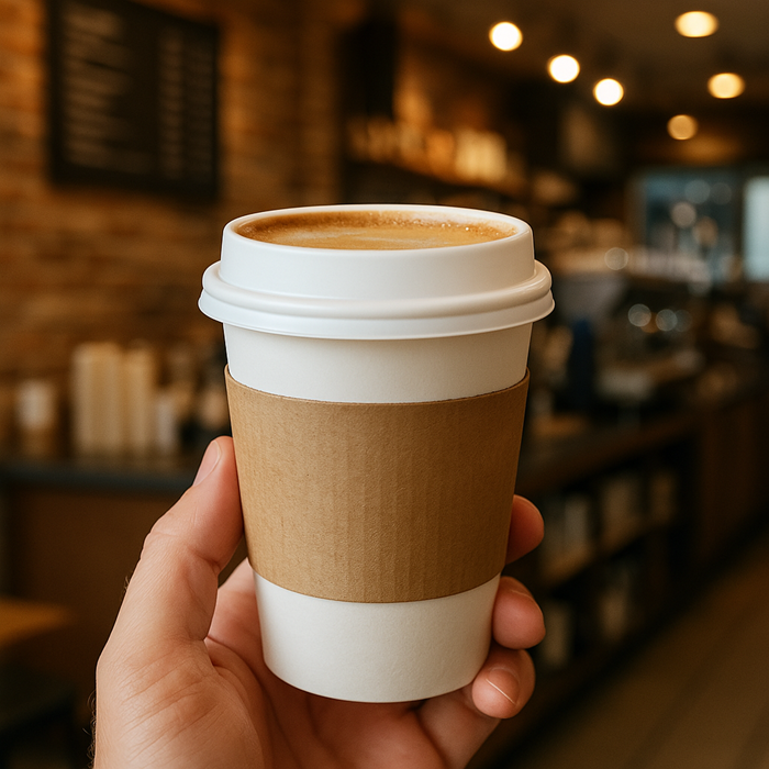 커피숍에서 찍은 테이크아웃 컵과 따뜻한 분위기의 매장 전경