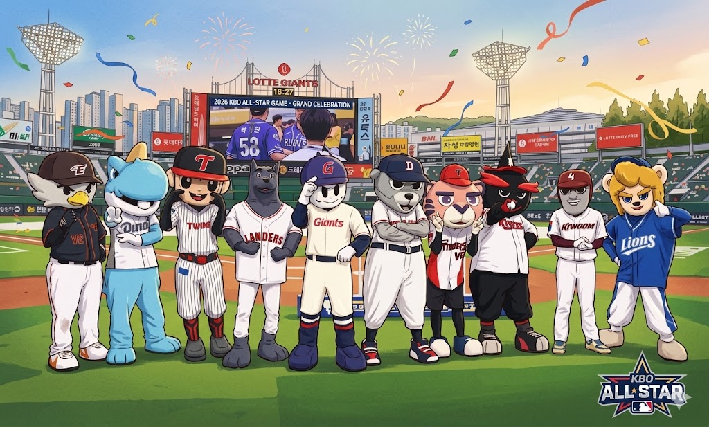 KBO 올스타전 드림 나눔 구단 마스코트들이 야구장 잔디 위에서 포즈를 취하고 있는 축제 분위기의 일러스트