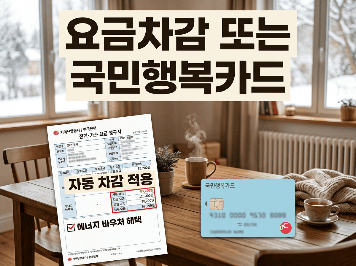 동절기 에너지바우처의 고지서 요금차감과 국민행복카드 결제 방식을 나란히 보여주는 장면