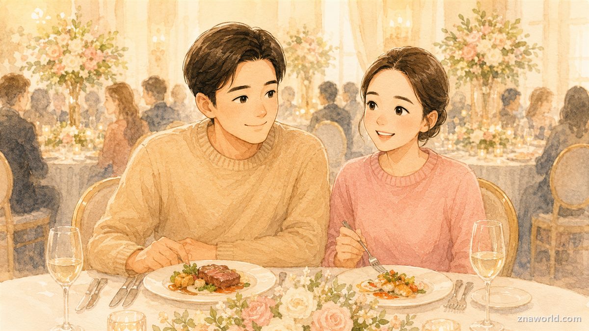 결혼식 피로연장에서 식사하는 부부 하객