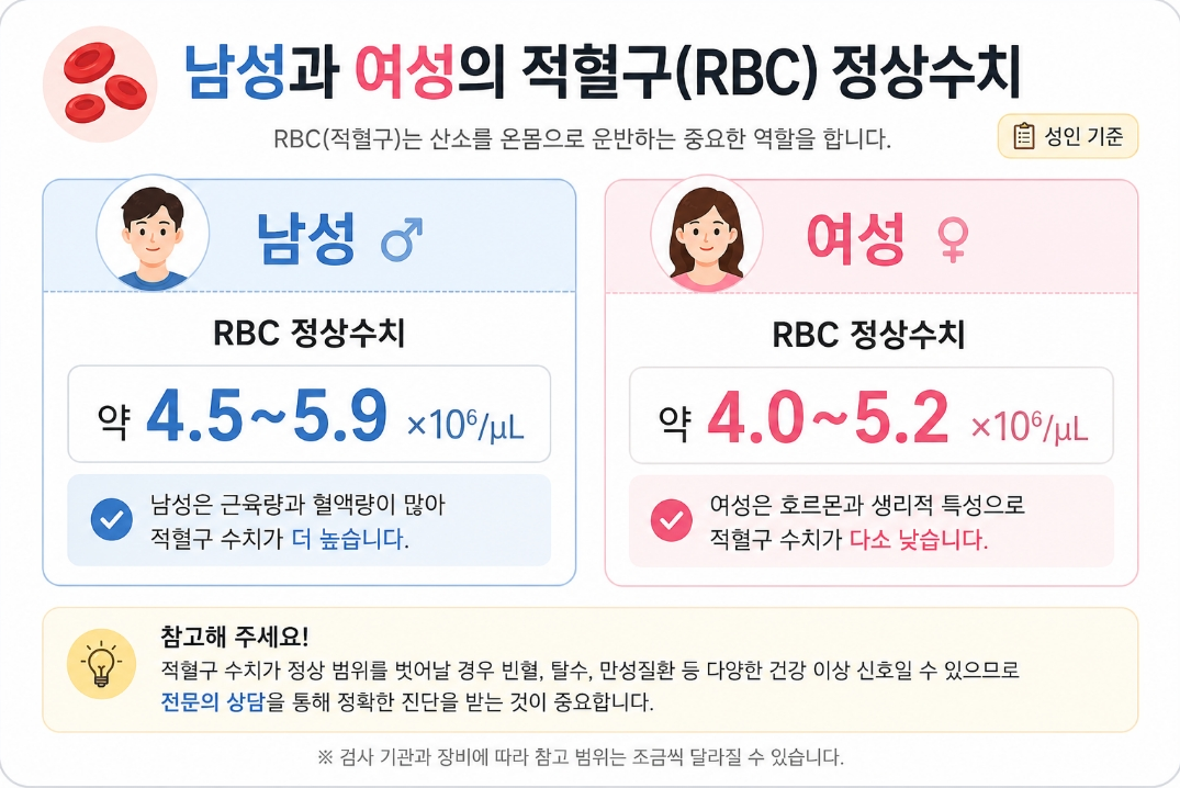 남성과 여성의 RBC 적혈구 정상 수치 비교