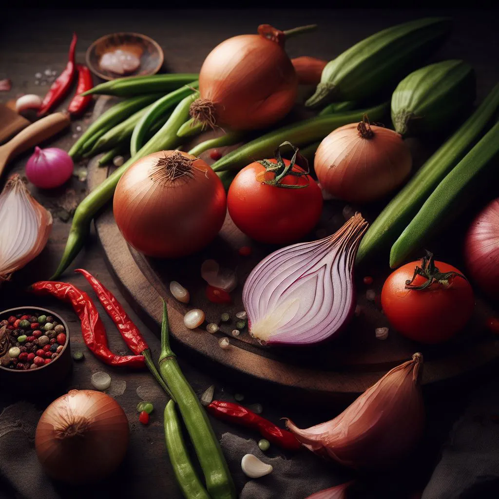 깐양파와-토마토-오크라가-놓여있는-식탁