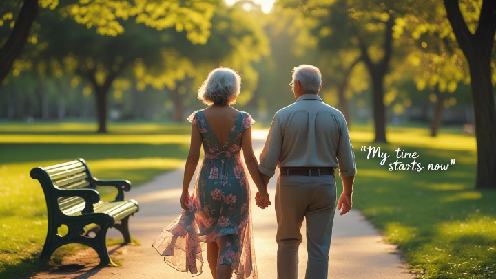 햇살 속 공원에서 산책하는 중년 부부의 여유로운 모습