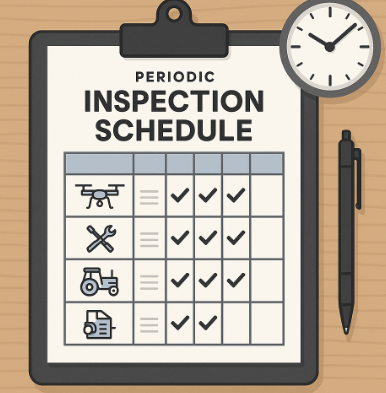점검표와 시계, 펜이 함께 놓인 주기별 점검 일정표 일러스트